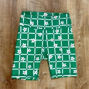 Hanna Andersson Green Daisy Checkered Floral Kids Spandex Biker Shorts Size 8